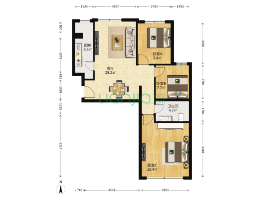 住总正华新国展满庭芳 3室1厅1卫 104平方