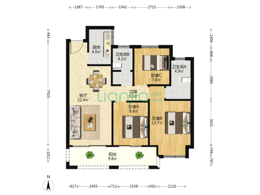 金雅恒水鑫城 3室1厅2卫 103平方