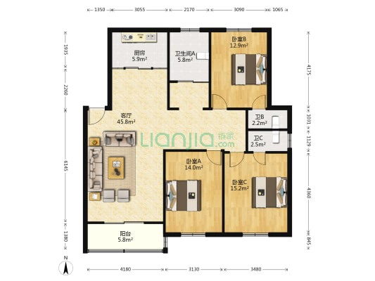 海韵园 3室1厅3卫 123平方