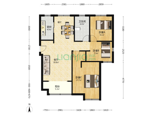 金葵新城(西区) 3室1厅1卫 109平方