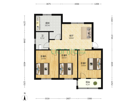 烟办家属院 3室1厅1卫 90平方