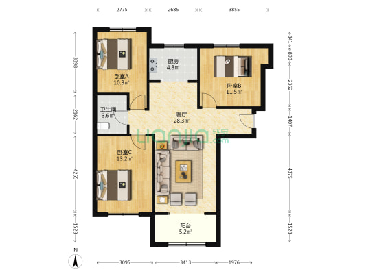 南北三居室，户型方正，小区人车分流-户型图