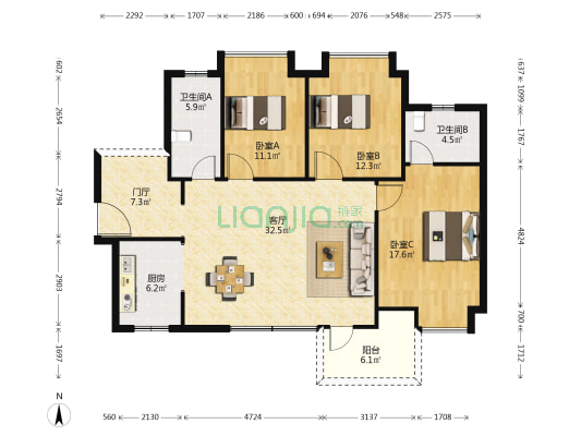 西湖鸿运佳苑 3室1厅2卫 120平方