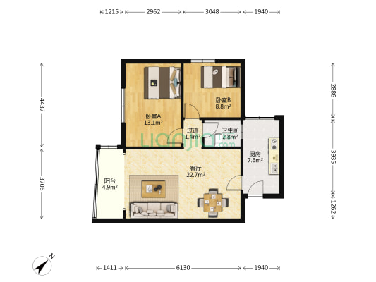 新城花园 2室1厅1卫 70平方