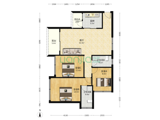 震海名居 3室1厅2卫 102平方