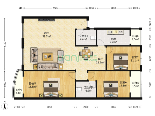龙平路144号 3室2厅2卫 138平方
