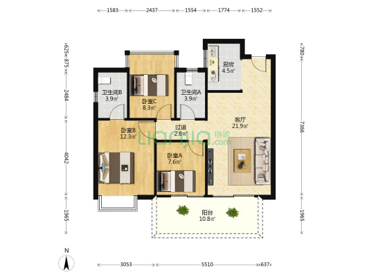 北投时代 3室1厅2卫 89平方