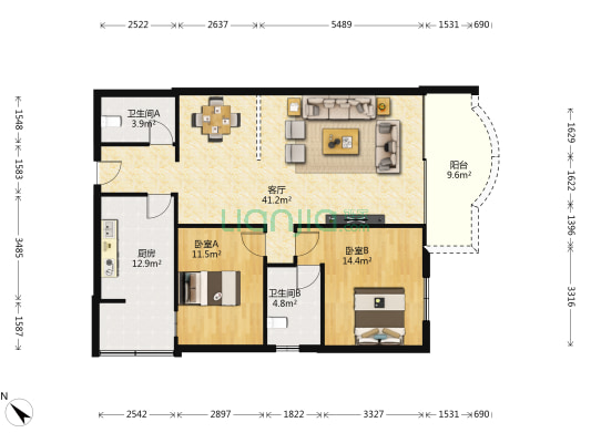 兴宇花园 2室1厅2卫 110平方