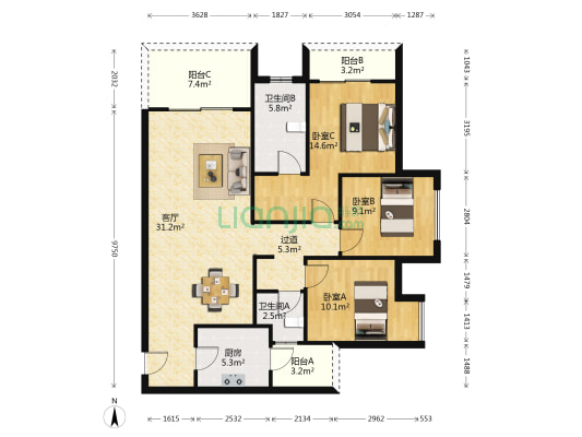 观澜苑二期 3室1厅2卫 116平方