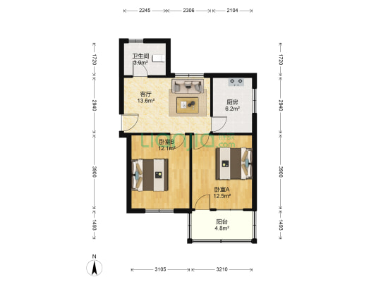 禹航路807号 2室1厅1卫 66平方