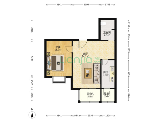 定海园三里 1室1厅1卫 72平方