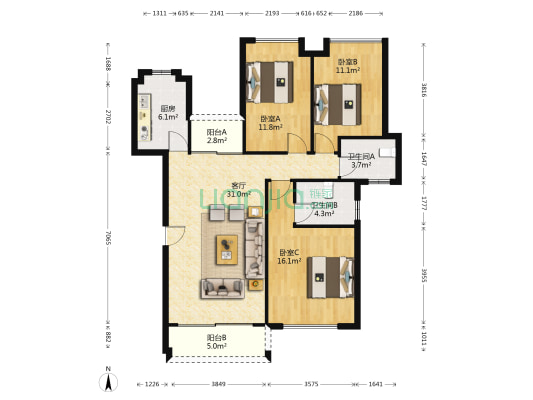 怡翠馨园 3室1厅2卫 120平方