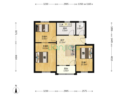 电视机厂南苑小区 3室1厅1卫 74平方