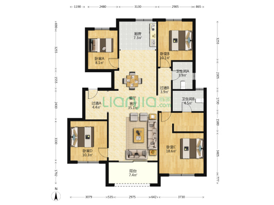 融创空港宸院梧园 4室1厅2卫 145平方