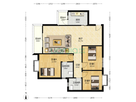 东林春天 3室1厅2卫 108平方