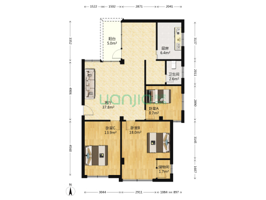 帝园路 3室1厅1卫 108平方