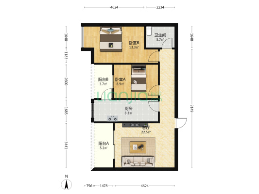 三峡明珠 2室1厅1卫 80平方