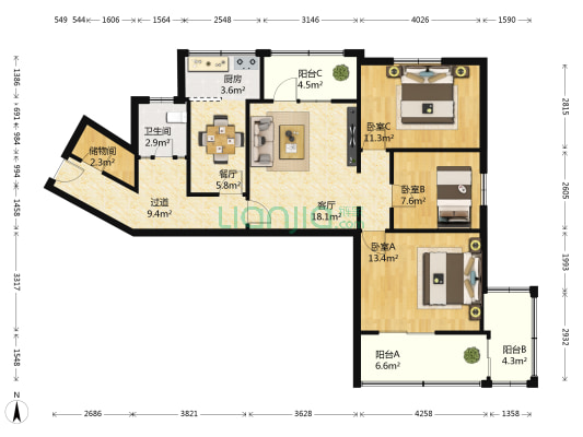 雪宫南生活区 3室2厅1卫 112平方