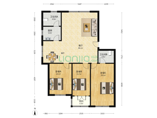 江山花园 3室1厅2卫 129平方