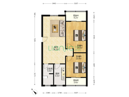 石灰市西巷7号 2室1厅1卫 85平方
