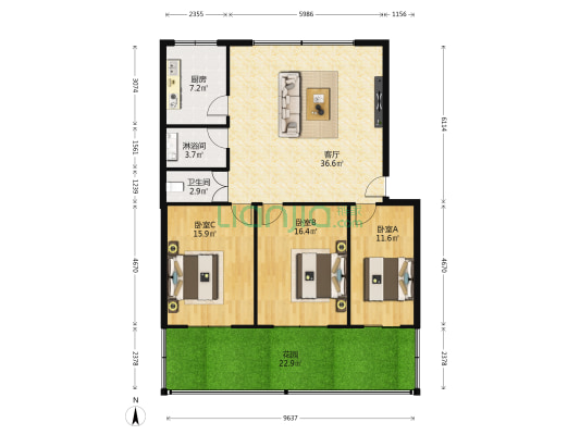 向阳小区 3室1厅2卫 122平方