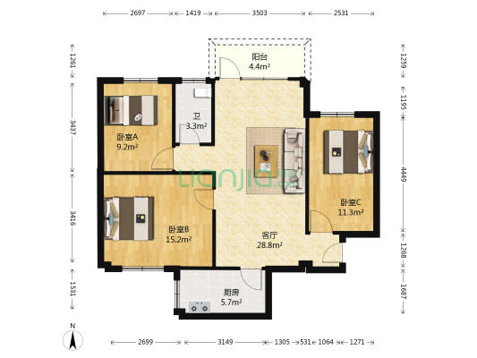 得宝花园 3室1厅1卫 88平方