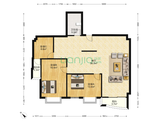 华氏儒商花园 3室1厅1卫 130平方