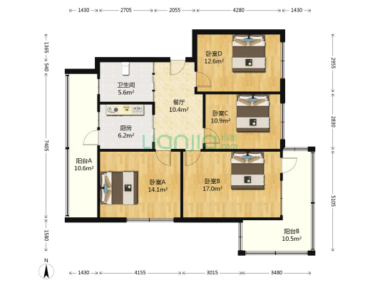 耀景街 4室1厅1卫 102平方