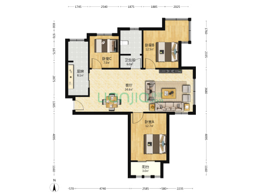 金海湾公寓 3室1厅1卫 122平方