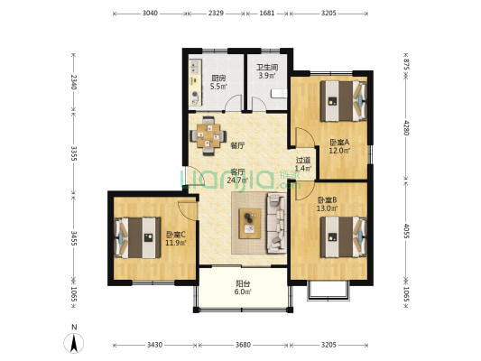 河畔雅苑 3室1厅1卫 94平方