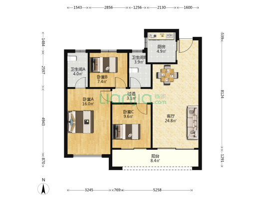 祥生公园道 3室1厅2卫 105平方