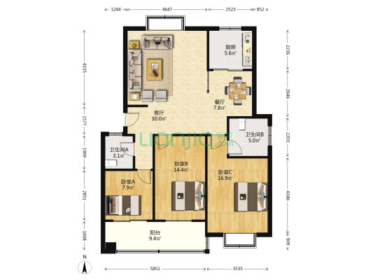 中兴花园 3室2厅2卫 121平方