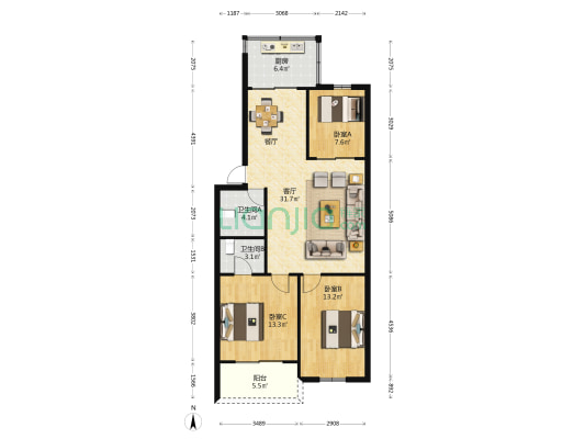 恒坤商住楼 3室1厅2卫 100平方