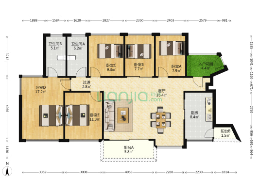 珠江花城一二期 5室1厅2卫 139平方
