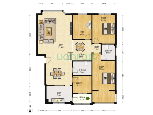 天使小区 3室1厅2卫 162平方