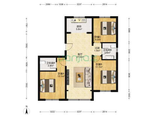 和悦居10号院 3室1厅2卫 110平方