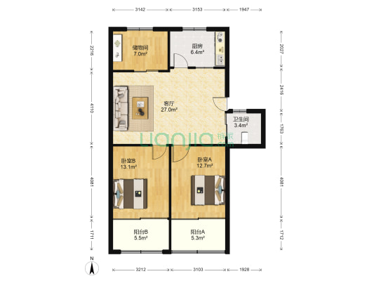 水产宿舍 2室1厅1卫 91平方