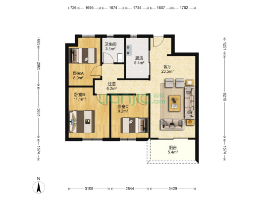 万科蓝山 3室1厅1卫 97平方