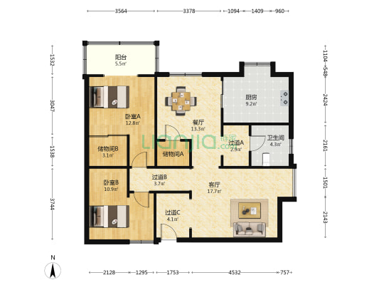 北湖供电局宿舍 2室2厅1卫 108平方