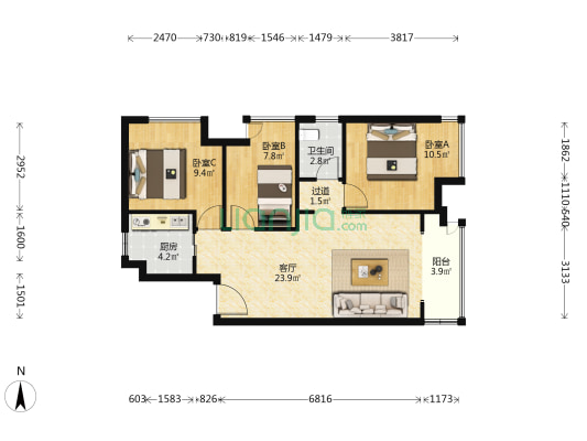 迪鑫阳光天宸 3室1厅1卫 80平方