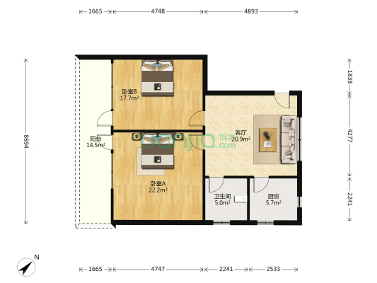 江汉路60号 2室1厅1卫 100平方