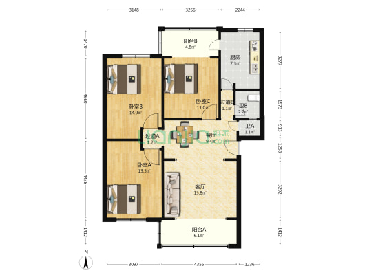 大石西一街19号 3室2厅2卫 99平方