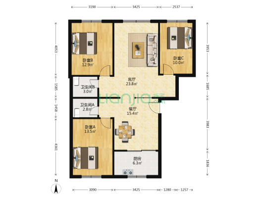 海棠居 3室2厅2卫 108平方