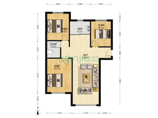 此房是精装修，南北通透三居。可拎包入住。-户型图