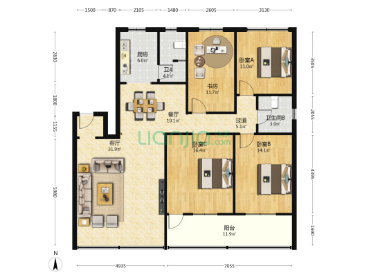 省委接待办宿舍 4室2厅2卫 150平方