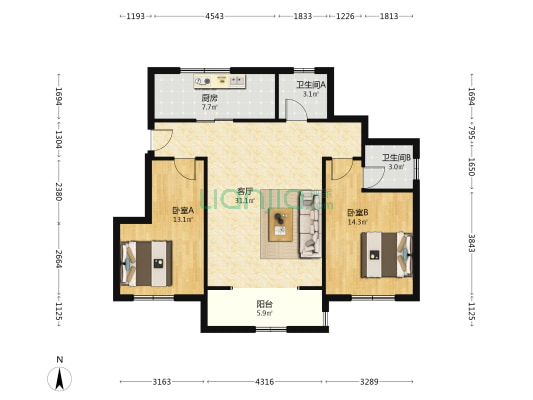 城建文苑 2室1厅2卫 80平方