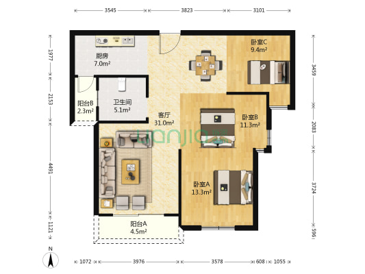 东津世纪城7区两江汇 3室1厅1卫 101平方