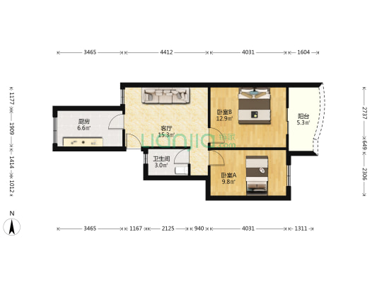 义洲新区长寿园 2室1厅1卫 62平方