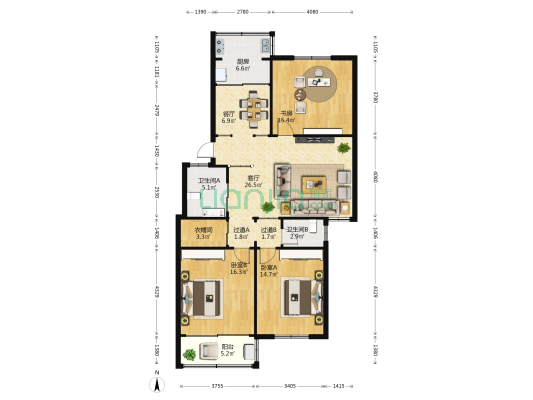 开源公寓 3室2厅2卫 136平方