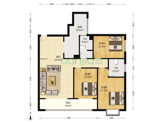 宜居金石花园 3室1厅2卫 124平方